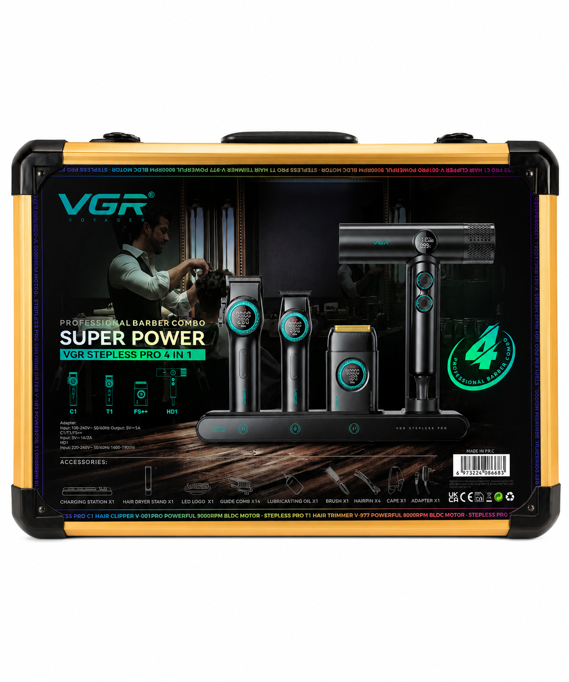 Combo VGR 4 en 1 clipper, trimmer, shaver y secadora