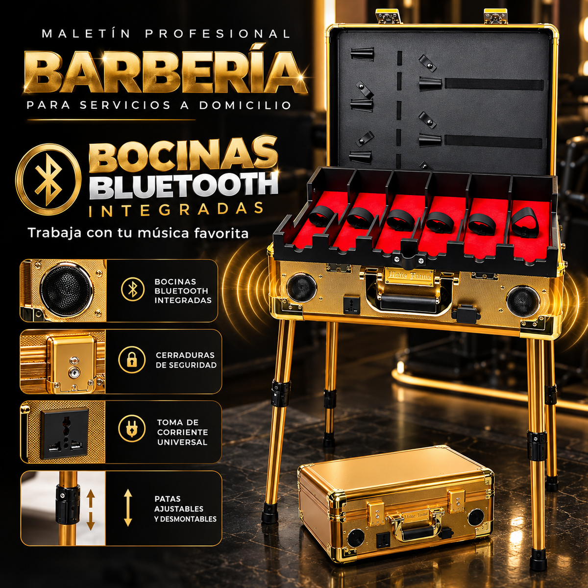 Maletín Dorado Barbería Profesional Portátil Con Bocinas Bluetooth