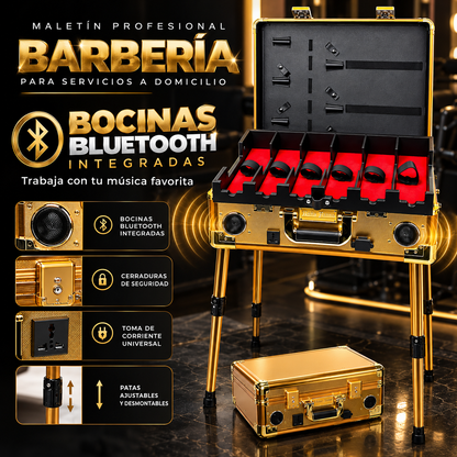 Maletín Dorado Barbería Profesional Portátil Con Bocinas Bluetooth