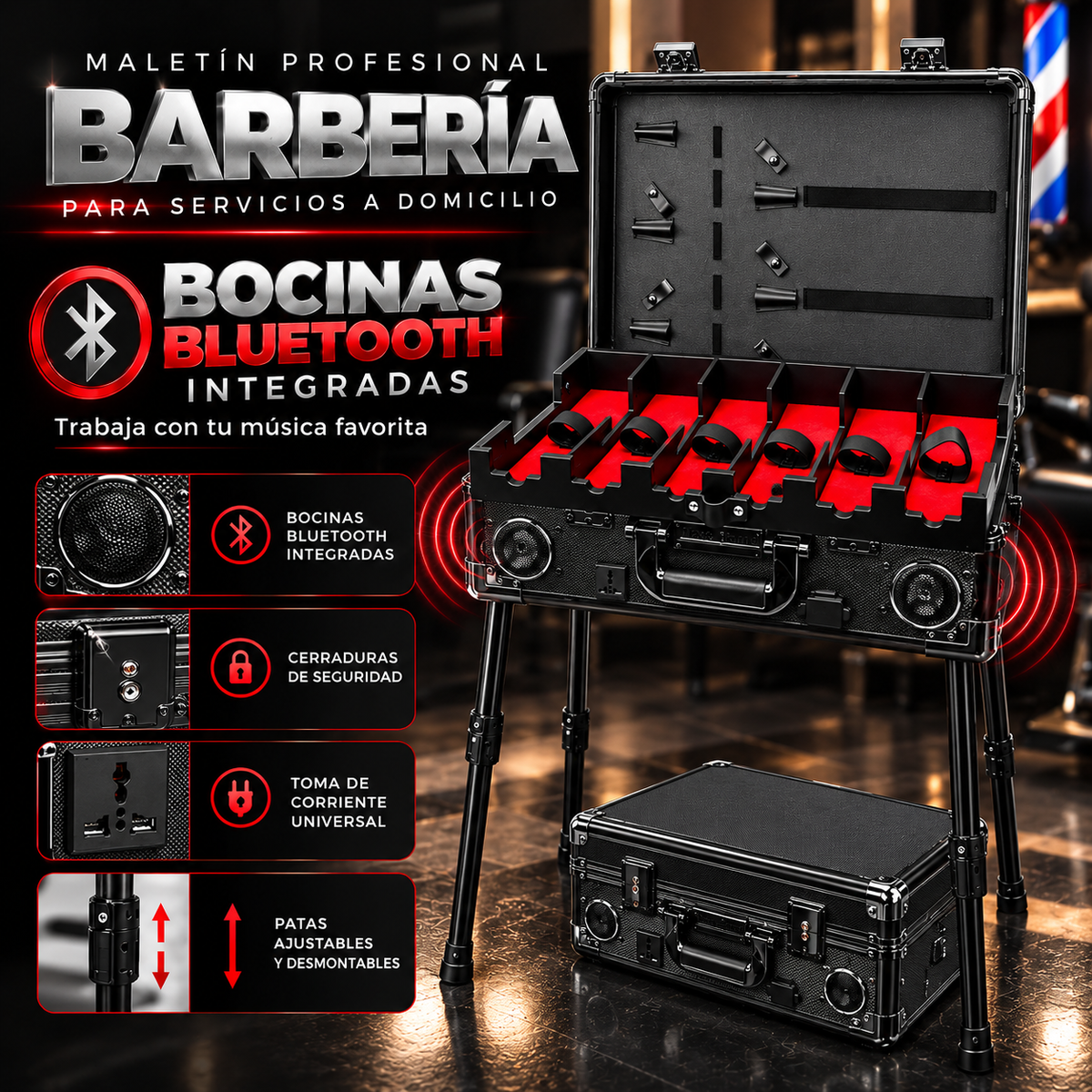 Maletín Black Barbería Profesional Portátil Con Bocinas Bluetooth