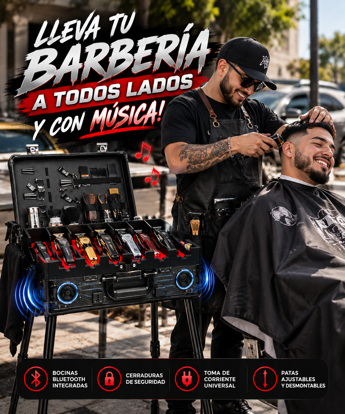 Maletín Black Barbería Profesional Portátil Con Bocinas Bluetooth